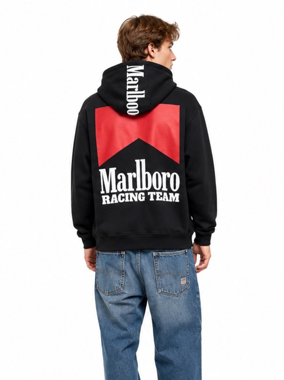 Marlboro Racing Team Hoodie Black Graphic Pullover Men’s Large OVERSIZED